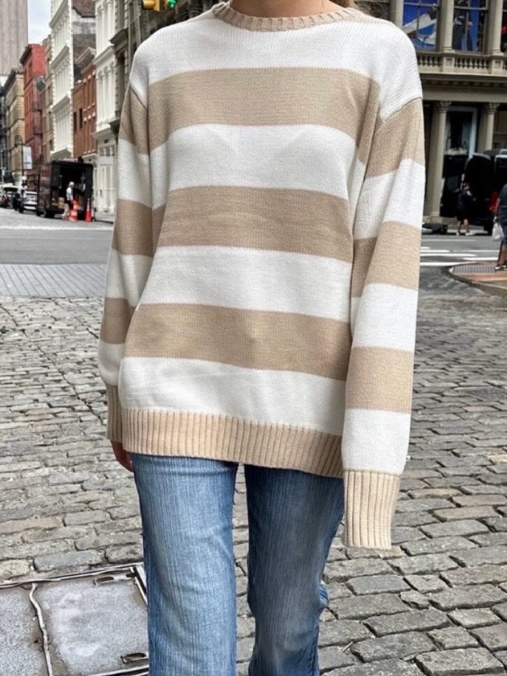 Brandy Melville Crew Neck Striped Oversized Knit Sweater Tan and White, One Size